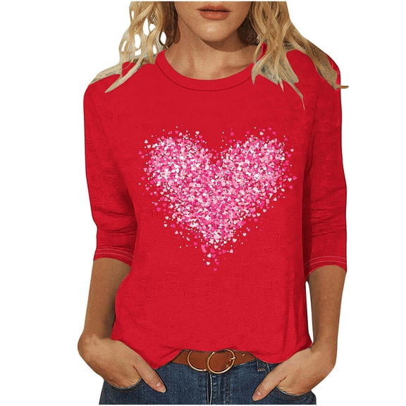Womens 3/4 Sleeve Crew Neck Valentine T Shirts Love Heart Printed Graphic Tee Tops