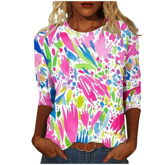 Womens 3/4 Sleeve Crewneck Shirts Casual Print Trendy Tops Puls Size Cotton Tee Summer Clothes (Pink L)