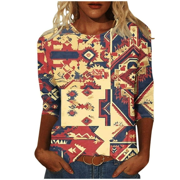 Womens 3/4 Sleeve Crewneck Shirts Casual Print Trendy Tops Puls Size Cotton Tee Summer Clothes (Yellow L)