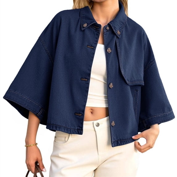 Womens 3/4 Sleeve Cropped Denim Jackets Casual Button Down Loose Coat with Pockets