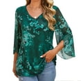 thumbnail image 1 of Womens 3/4 Sleeve Double Layers Mesh Blouses V Neck Ruffle Floral Printed Tunics Loose Fit Flowy Tunic Tops Black Casual Layering Shirts, 1 of 7