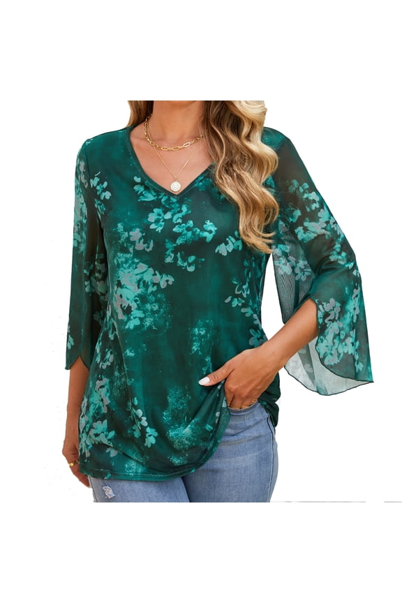 Womens 3/4 Sleeve Double Layers Mesh Blouses V Neck Ruffle Floral Printed Tunics Loose Fit Flowy Tunic Tops Black Casual Layering Shirts