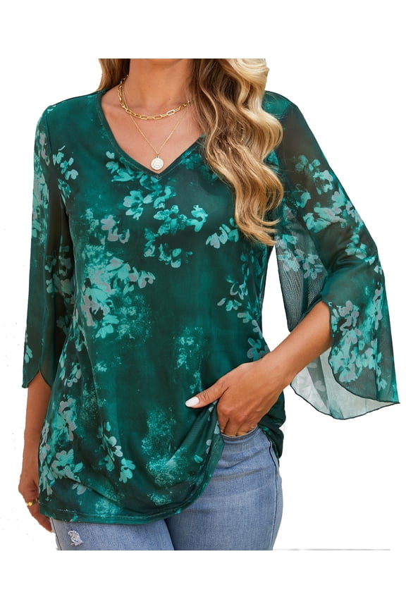 Womens 3/4 Sleeve Double Layers Mesh Blouses V Neck Ruffle Floral Printed Tunics Loose Fit Flowy Tunic Tops Black Casual Layering Shirts