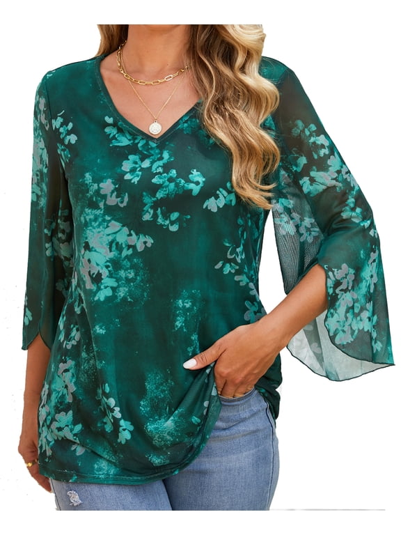 Womens 3/4 Sleeve Double Layers Mesh Blouses V Neck Ruffle Floral Printed Tunics Loose Fit Flowy Tunic Tops Black Casual Layering Shirts