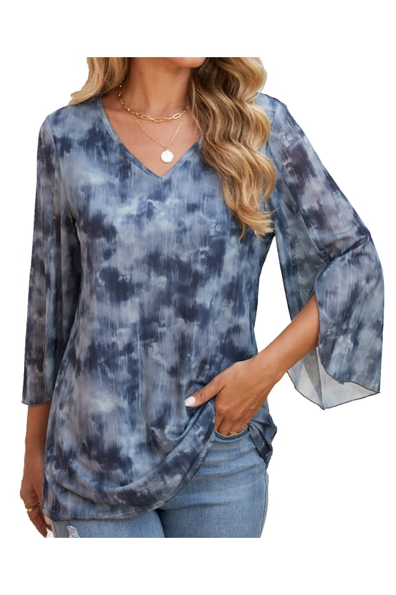 3/4 Sleeve Dressy Blouses for Women Ruffle Double Layers Mesh V Neck Lightweight Tunic Tops