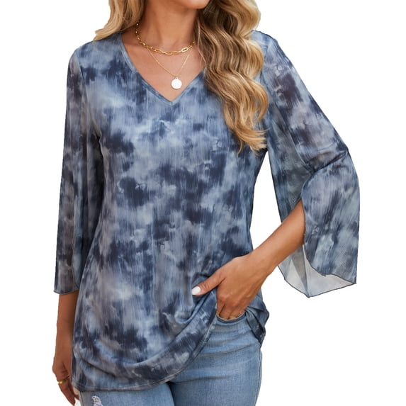 3/4 Sleeve Dressy Blouses for Women Ruffle Double Layers Mesh V Neck Lightweight Tunic Tops