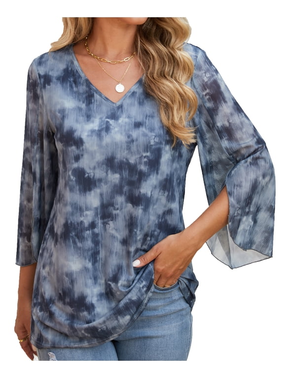 3/4 Sleeve Dressy Blouses for Women Ruffle Double Layers Mesh V Neck Lightweight Tunic Tops