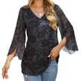 thumbnail image 1 of Womens 3/4 Sleeve Tops Double Layers Mesh Blouses V Neck Ruffle Floral Printed Tunics, 1 of 6