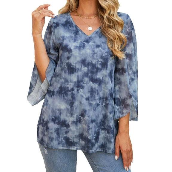 3/4 Sleeve Dressy Blouses for Women Ruffle Double Layers Mesh V Neck Lightweight Tunic Tops