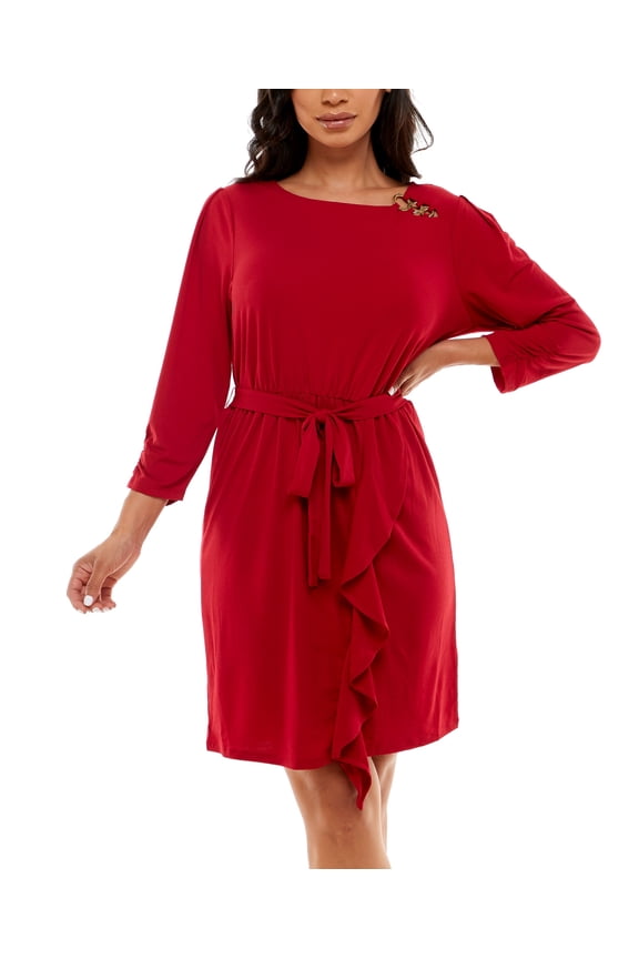 Womens 3/4 Sleeve Dress with Asymmetrical Flounce Dress Rio Red XL