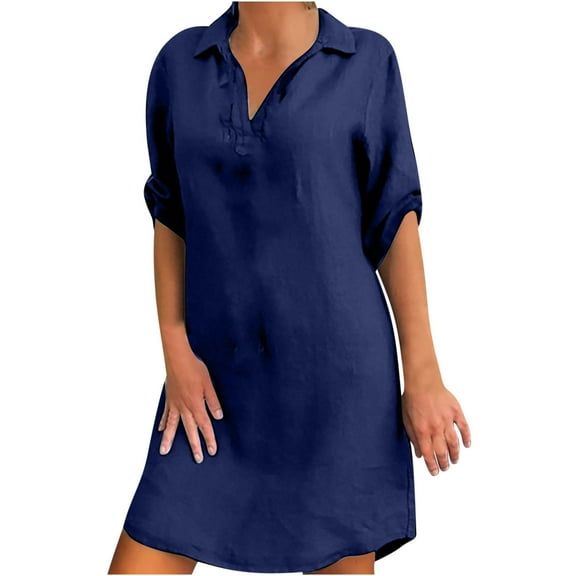 Womens 3/4 Sleeve Dresses Plus Size T Shirt V Neck Casual Summer Solid Color Tunic Tops