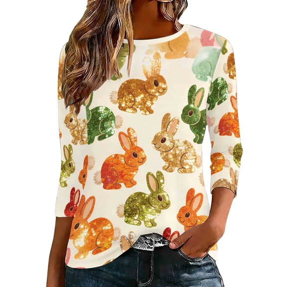 Womens 3/4 Sleeve Easter Day Round Neck Tops Casual Fashion Print Loose Pullover Tunic T Shirt