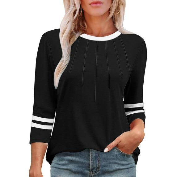 Womens 3/4 Sleeve Fashion Crewneck Tops Patchwork Blouse Casual Loose Comfy Shirt Black XL