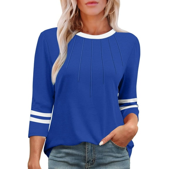Womens 3/4 Sleeve Fashion Crewneck Tops Patchwork Blouse Casual Loose Comfy Shirt Blue L