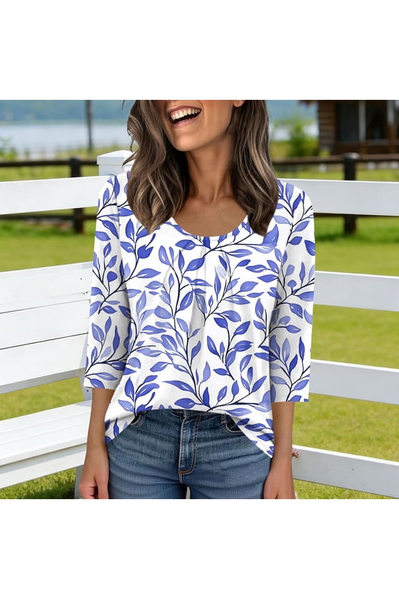 Womens 3/4 Sleeve Floral Leaf Print Tunic Top Sky Blue Casual Round Neck Stretch Blouse,Size 2XL