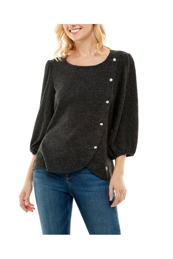 Womens 3/4 Sleeve Hacci With Asymmetrical Buttons Top Charcoal S