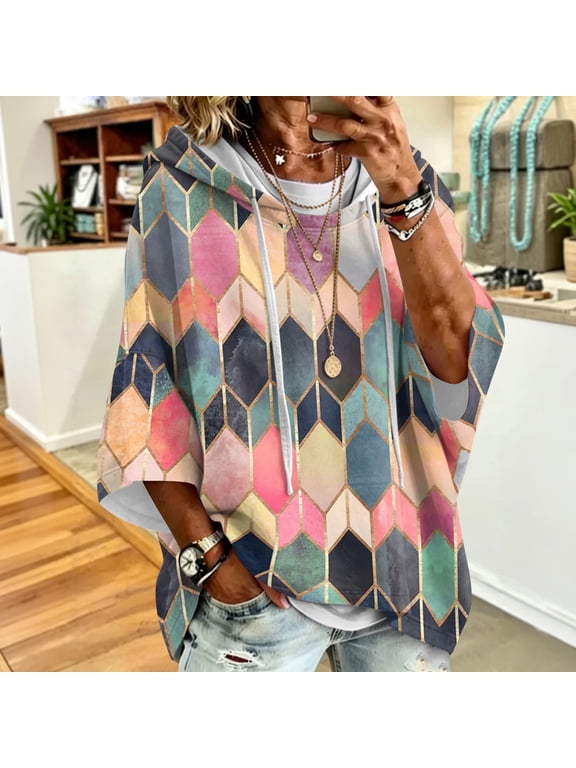 Womens 3/4 Sleeve Hoodies Vintage Pattern Oversized Pullover Hooded Sweatshirts