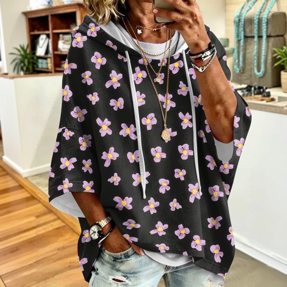 Womens 3/4 Sleeve Hoodies Vintage Pattern Oversized Pullover Hooded Sweatshirts