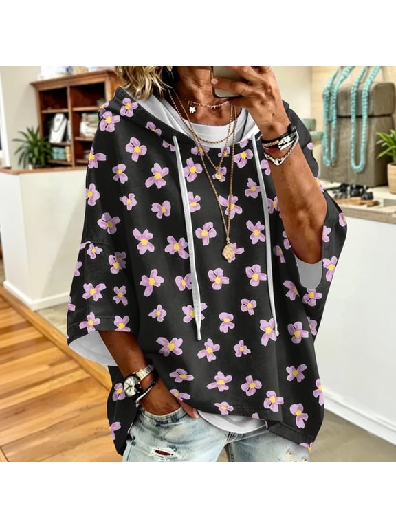 Womens 3/4 Sleeve Hoodies Vintage Pattern Oversized Pullover Hooded Sweatshirts