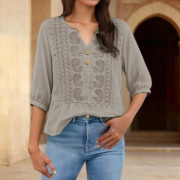 Womens 3/4 Sleeve Linen Shirts V Neck Button Down Blouses Loose Fit Tunic Tops Casual Dressy Summer Clothes 2026
