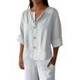 thumbnail image 1 of Womens 3/4 Sleeve Linen Tops Plus Size V Neck Button Down Shirt Work Casual Blouses for Spring Summer Fall (3XL, White), 1 of 7