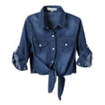 thumbnail image 1 of Womens 3/4 Sleeve Modern Denim Crop Top Tie Knot Shirt Cardigan, 1 of 7