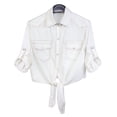 thumbnail image 1 of Womens 3/4 Sleeve Modern Denim Crop Top Tie Knot Shirt Cardigan, 1 of 7