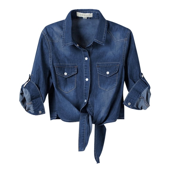 Women's Roll Up 3/4 Sleeve Modern Chambray Denim Crop Top Tie Knot Jean Shirt Cardigan