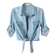 thumbnail image 1 of Womens 3/4 Sleeve Modern Denim Crop Top Tie Knot Shirt Cardigan, 1 of 7