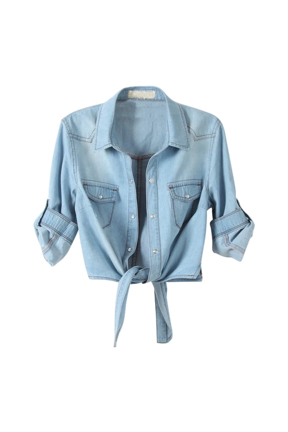 Womens 3/4 Sleeve Modern Denim Crop Top Tie Knot Shirt Cardigan