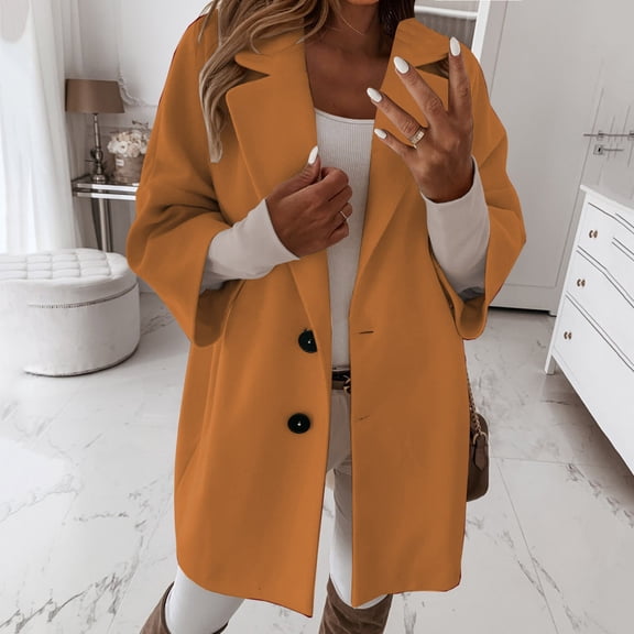 Womens 3/4 Sleeve Notched Lapel Collar Double Coat Winter Wool Blend Over Coats Long Jackets Boil Wool Jacket Women Jacket for Fall Women Women Light Jackets Dressy Jacket Tops Ladies Lightweight