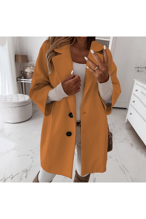 Womens 3/4 Sleeve Notched Lapel Collar Double Coat Winter Wool Blend Over Coats Long Jackets Boil Wool Jacket Women Jacket for Fall Women Women Light Jackets Dressy Jacket Tops Ladies Lightweight