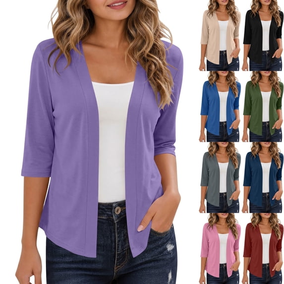 Womens 3/4 Sleeve Open Front Cardigan Bolero Shrug Lightweight Soft Stretch Draped Topper for Evening Dress Cover Travel, Purple, S