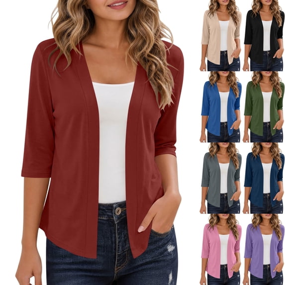Womens 3/4 Sleeve Open Front Cardigan Bolero Shrug Lightweight Soft Stretch Draped Topper for Evening Dress Cover Travel, Red, XL