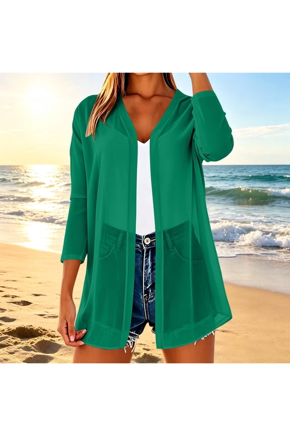 Womens 3/4 Sleeve Open Front Cardigan Sheer Kimono Swimsuit Coverups Duster Casual Chiffon Long Blouses Beach Coats, 2026 New Limited-time Off