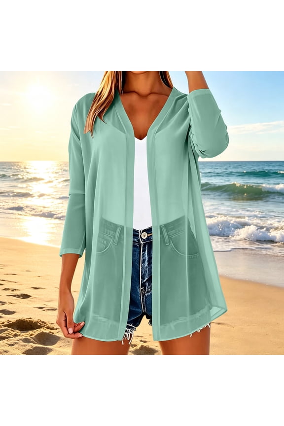 Womens 3/4 Sleeve Open Front Cardigan Sheer Kimono Swimsuit Coverups Duster Casual Chiffon Long Blouses Beach Coats, 2026 New Limited-time Off