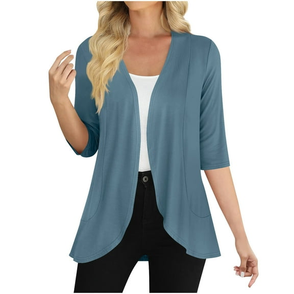 Womens 3/4 Sleeve Open Front Cardigans Draped Ruffles Soft Lightweight Wraps Jacket Spring Fall Outerwear (2XL, Sky Blue)