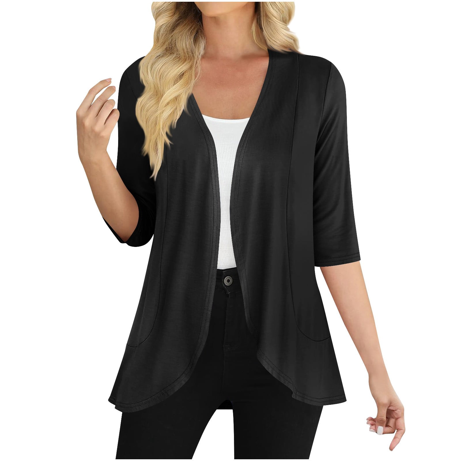 Womens 3/4 Sleeve Open Front Cardigans Draped Ruffles Soft