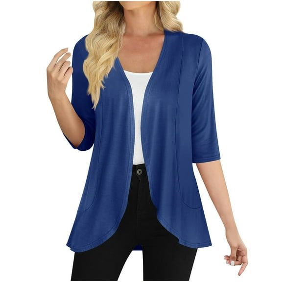 Womens 3/4 Sleeve Open Front Cardigans Draped Ruffles Soft Lightweight Wraps Jacket Spring Fall Outerwear (S, Blue)