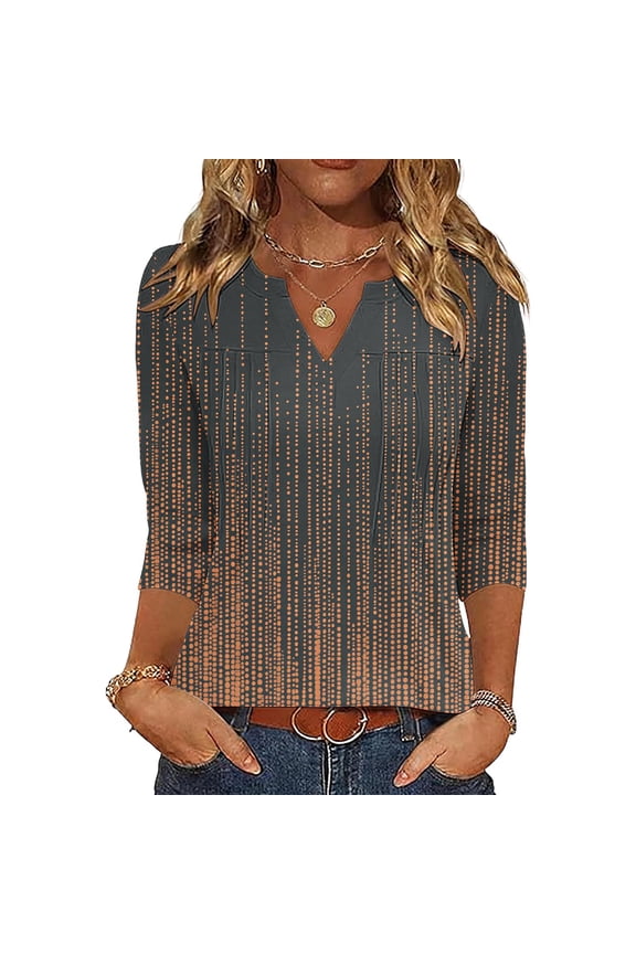 Womens 3/4 Sleeve Pleated V-Neck Blouse Charcoal Gray Ombre Polka Dot Business Casual Relaxed Fit Stretch Top,Size 2XL