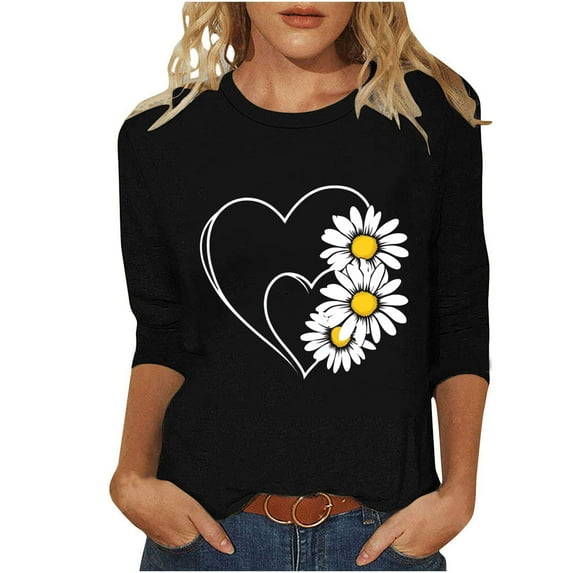 Womens 3/4 Sleeve Plus Size T-Shirt Round Neck Loose Casual Blouse Cute Daisy Heart Print Tunic Top