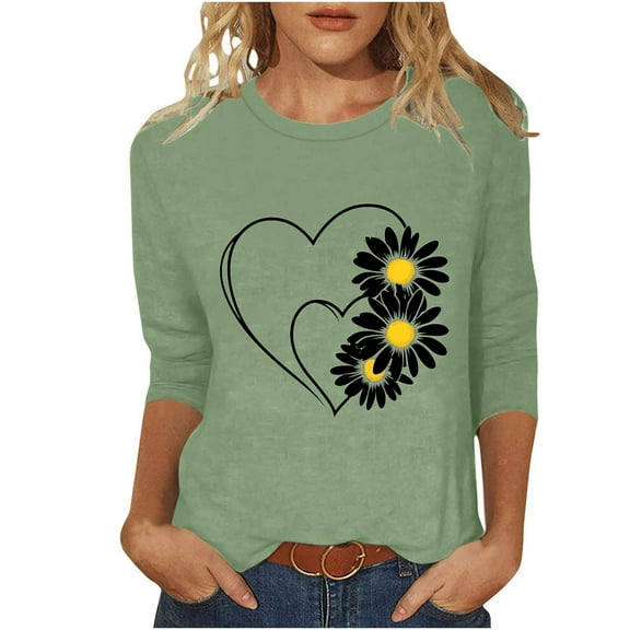 Womens 3/4 Sleeve Plus Size T-Shirt Round Neck Loose Casual Blouse Cute Daisy Heart Print Tunic Top