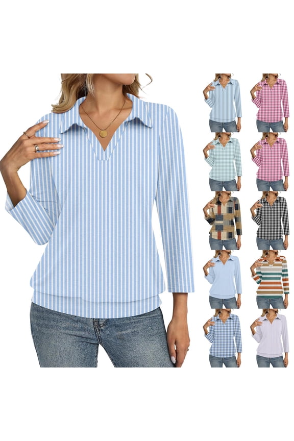 Womens 3/4 Sleeve Polo Shirts Collared V Neck Business Blouses Banded Bottom Casual Tops Orange 2XL