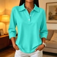 thumbnail image 1 of Womens 3/4 Sleeve Polo Shirts for Women Golf Work Tops Button Down Collared Solid Color Casual Business Blouses Turquoise S, 1 of 8