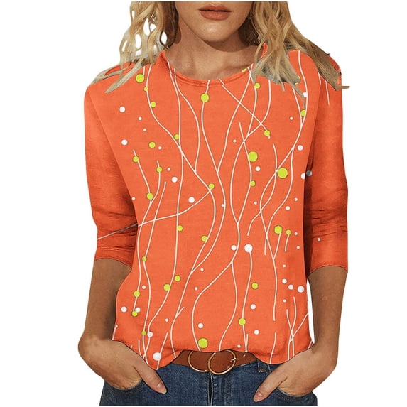 Womens 3/4 Sleeve Printed Tops, Loose Casual Tunic Shirts Fall Summer Floral T Shirt Crewneck Tee Orange S