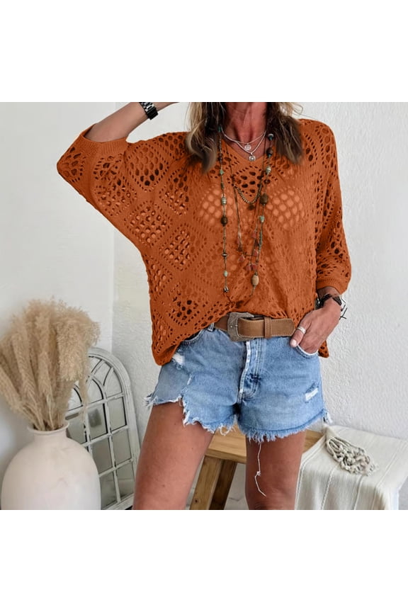 Womens 3/4 Sleeve Pullover Bohemian-Inspired Beige Crochet Top with V-Neck Crochet Tops for Women 