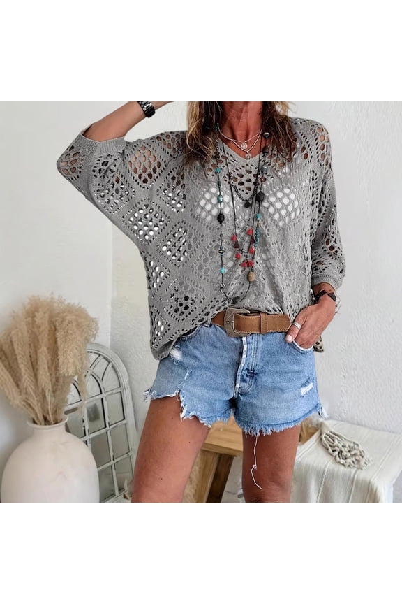 Womens 3/4 Sleeve Pullover Bohemian-Inspired Beige Crochet Top with V-Neck Crochet Tops for Women ﻿