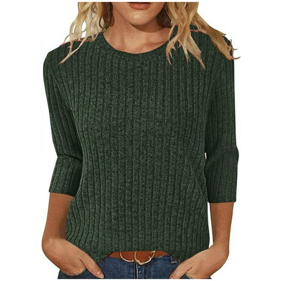 Womens 3/4 Sleeve Ribbed Knit Shirts Casual Crew Neck Pullover Tops Loose Classic Lightweight Sweater Blouse