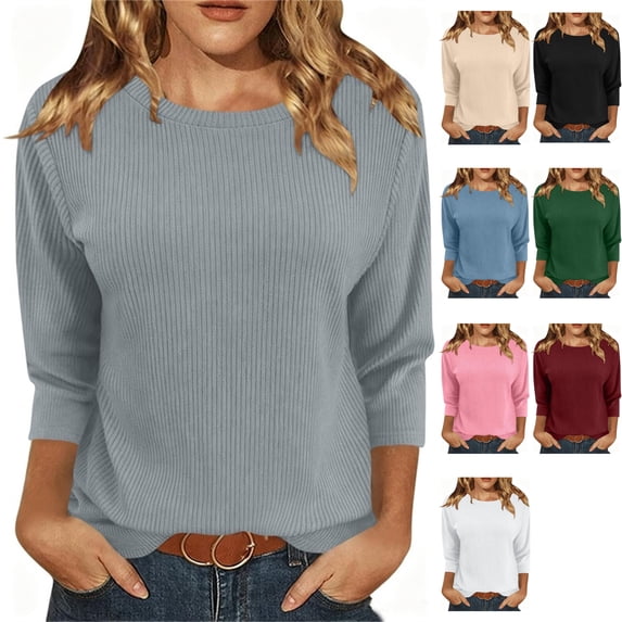Womens 3/4 Sleeve Ribbed Knit Tee Crewneck Lightweight Pullover Shirts Curved Hem Cozy Layering Blouse for Travel Fall Outfits, Gray, S