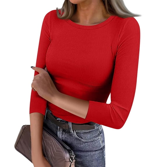 Womens 3/4 Sleeve Ribbed T Shirt Crewneck Slim Fit Casual Basic Tops for Layering and Everyday Wear 2026 Red 3XL